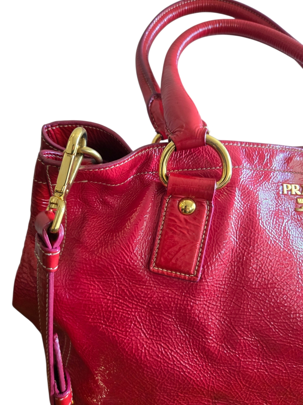 Prada Pink-Red Leather Shoulder Satchel with Gold Hardware - Picture 7 of 11